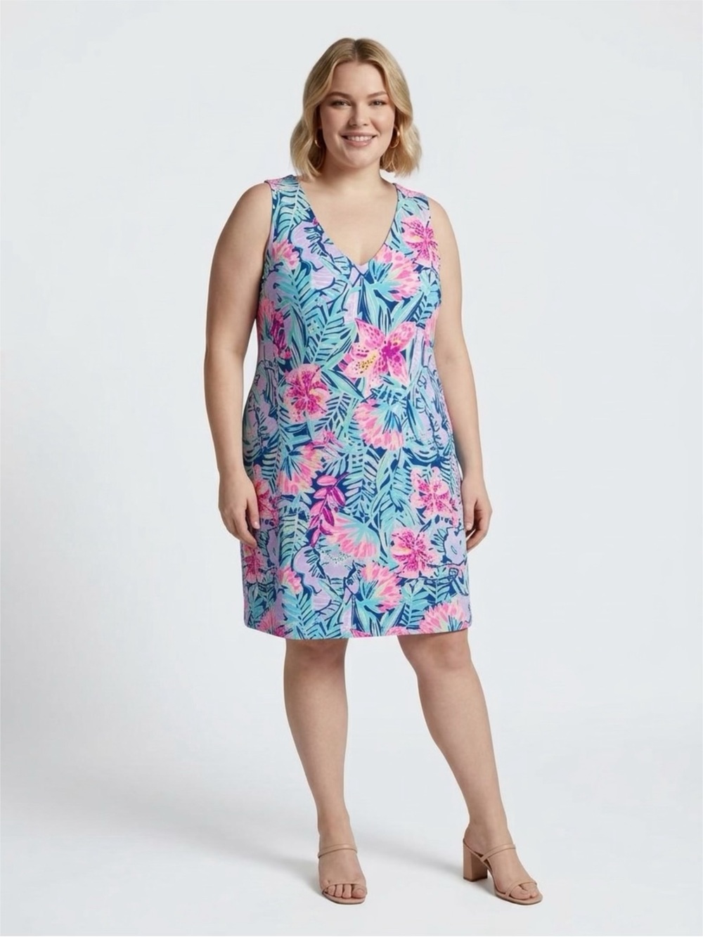 Plus-Size Tropical V-Neck Reversible Dress in Floral and Dark Teal size 1x